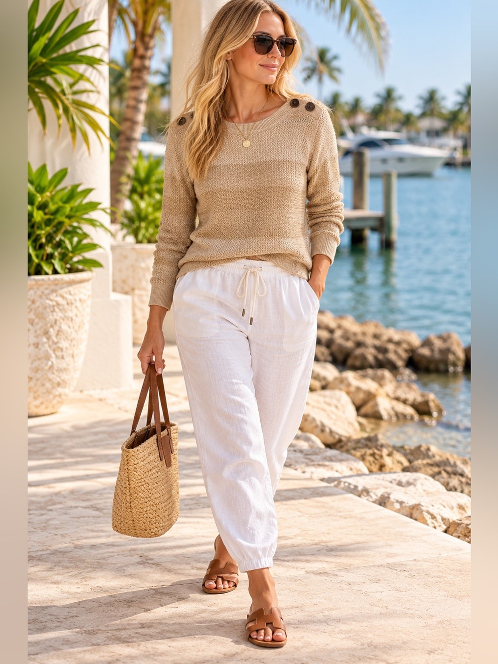 Tommy Hilfiger Beige Button-Shoulder Crewneck Sweater Nautical Theme